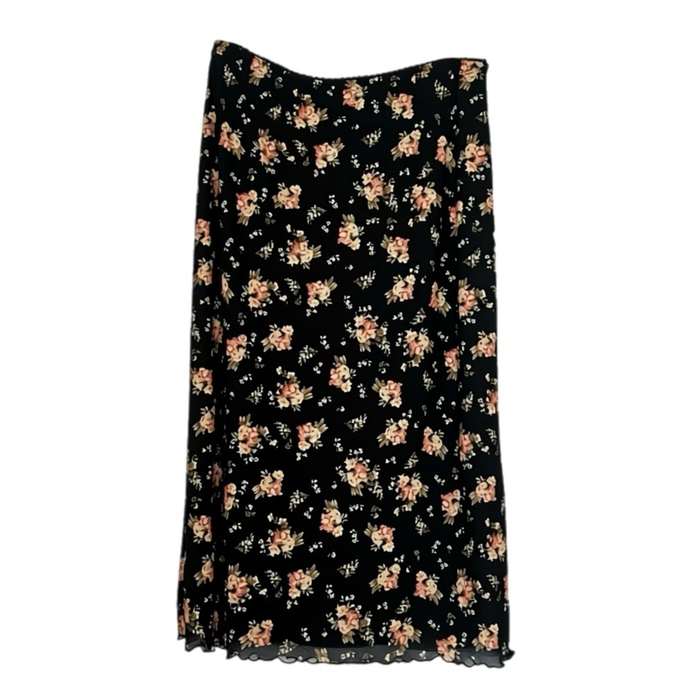 ARULA | Black Floral Midi Skirt with Sheer Overlay and Slit